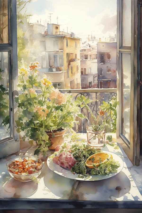 Aquarellmalerei eines Tisches mit Essen und Blumen vor einem Fenster Aquarellmalerei eines Tisches mit Essen und Blumen vor einem Fenster