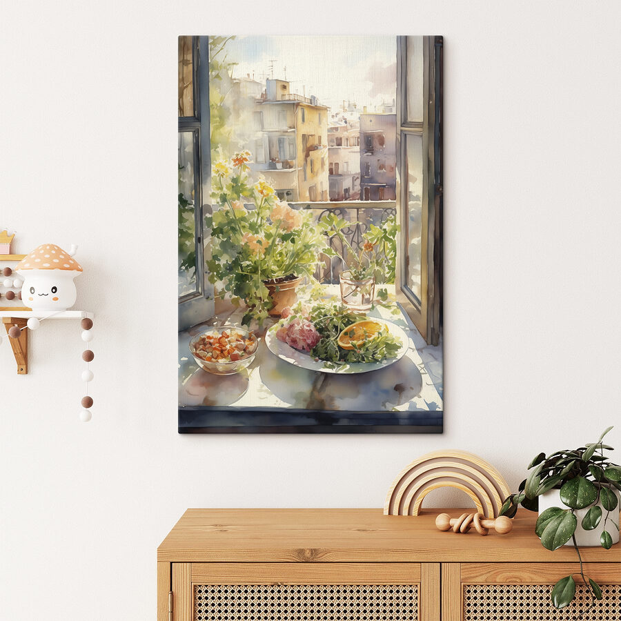 Aquarellmalerei eines Tisches mit Essen und Blumen vor einem Fenster