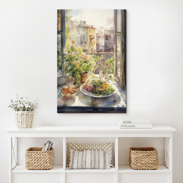 Aquarellmalerei eines Tisches mit Essen und Blumen vor einem Fenster Aquarellmalerei eines Tisches mit Essen und Blumen vor einem Fenster