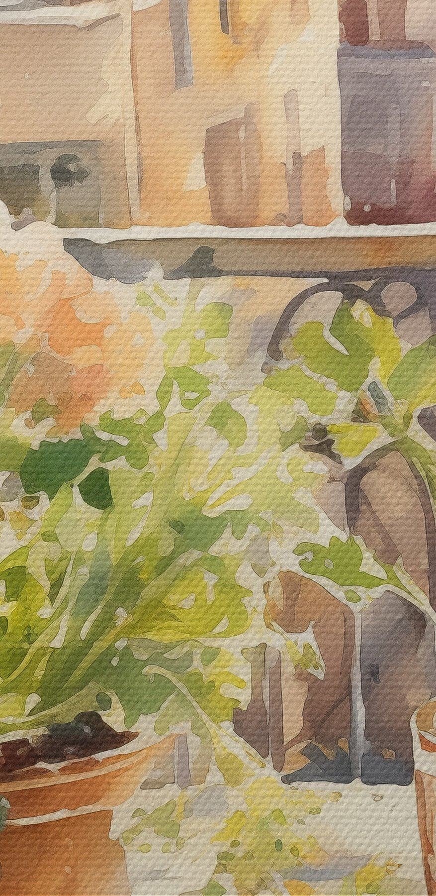 Aquarellmalerei eines Tisches mit Essen und Blumen vor einem Fenster