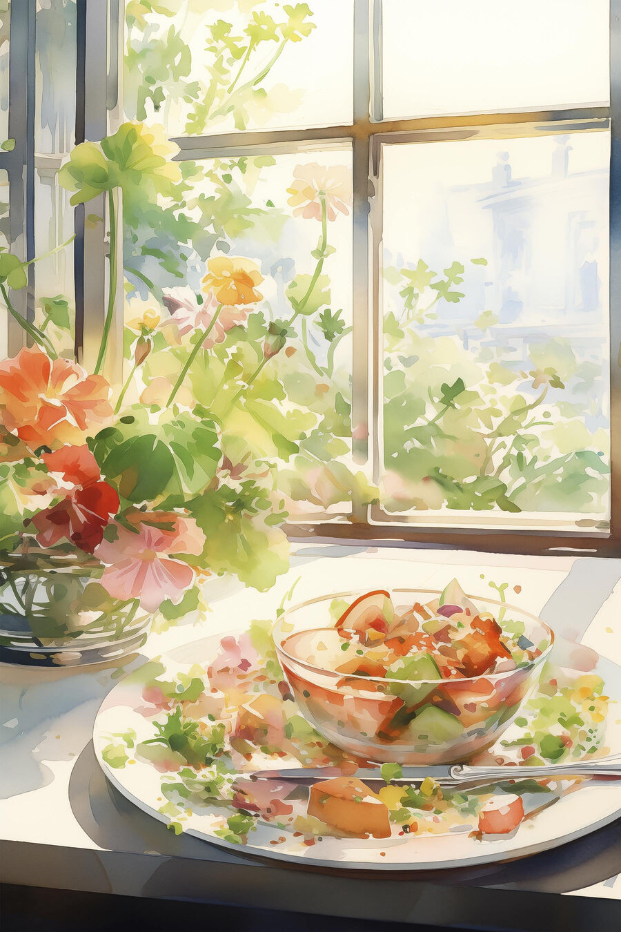 Aquarellmalerei einer Schüssel mit Essen und Blumen vor einem Fenster