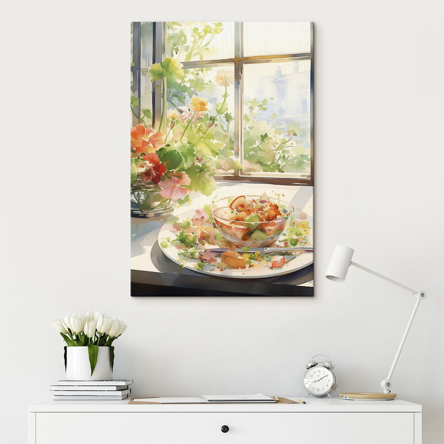 Aquarellmalerei einer Schüssel mit Essen und Blumen vor einem Fenster