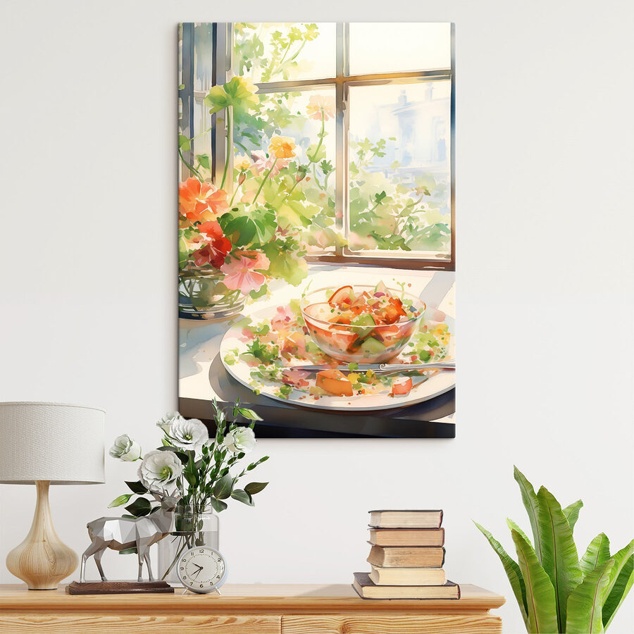 Aquarellmalerei einer Schüssel mit Essen und Blumen vor einem Fenster