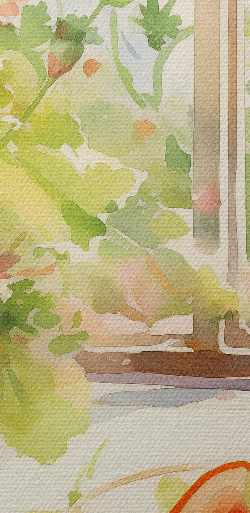 Aquarellmalerei einer Schüssel mit Essen und Blumen vor einem Fenster