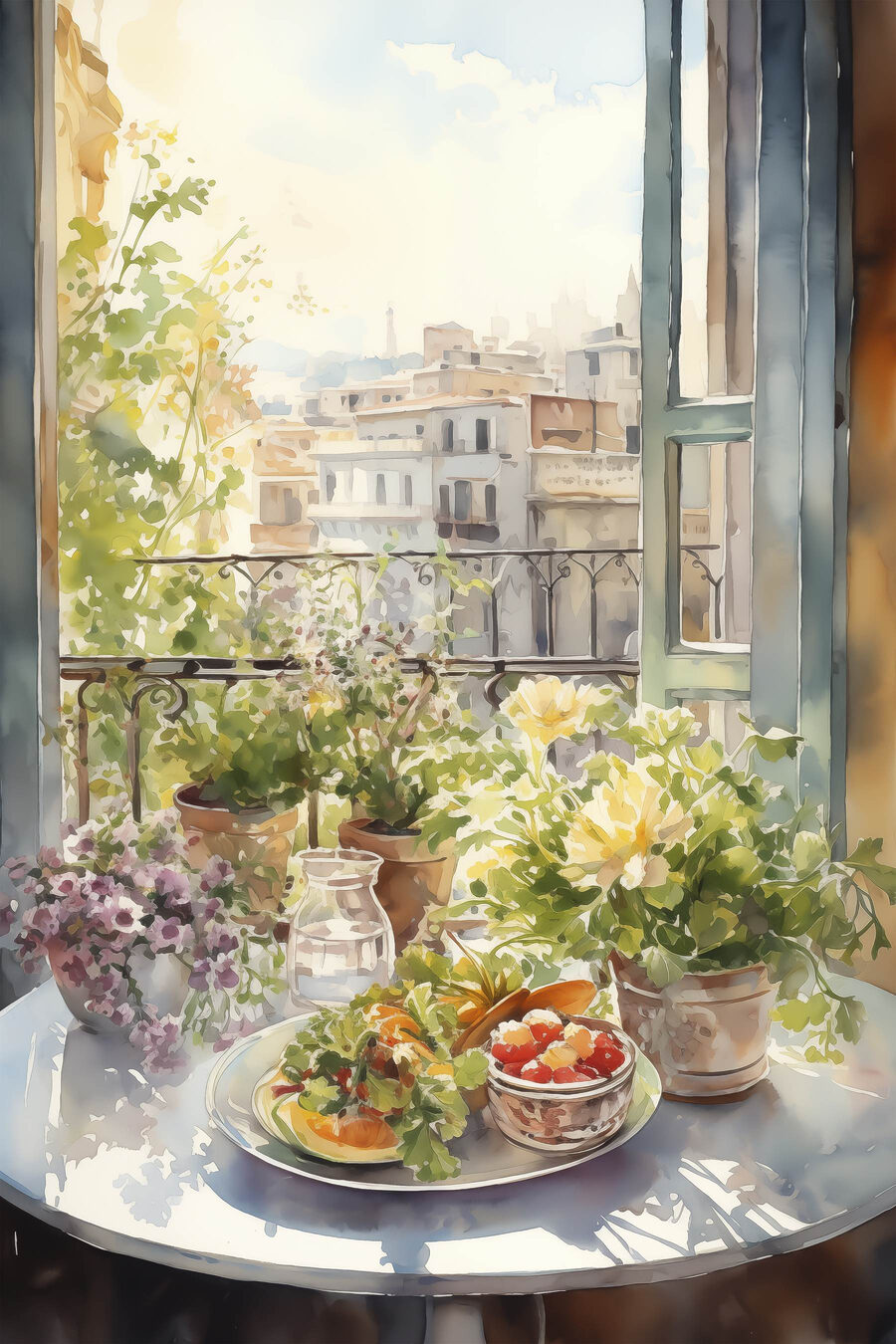 Aquarellmalerei von Blumen und Früchten auf einem Tisch vor einem Fenster