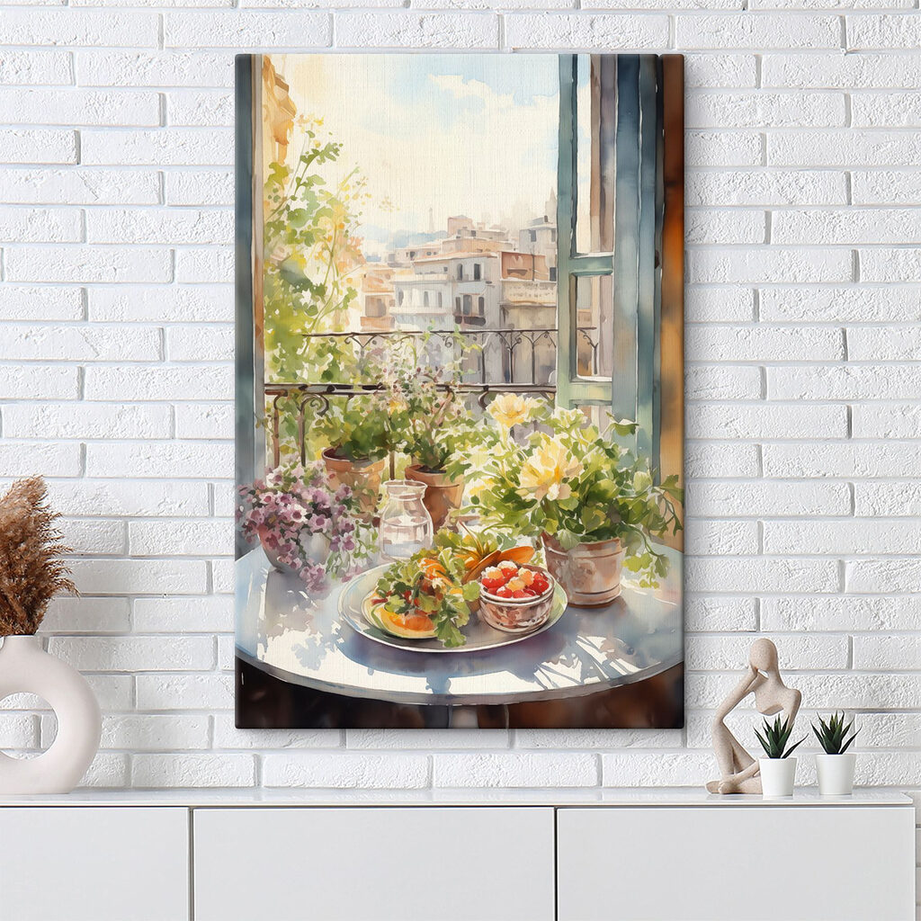 Watercolor painting of flowers and fruits on a table in front of a window