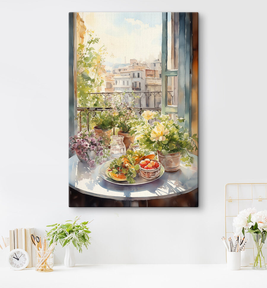 Aquarellmalerei von Blumen und Früchten auf einem Tisch vor einem Fenster