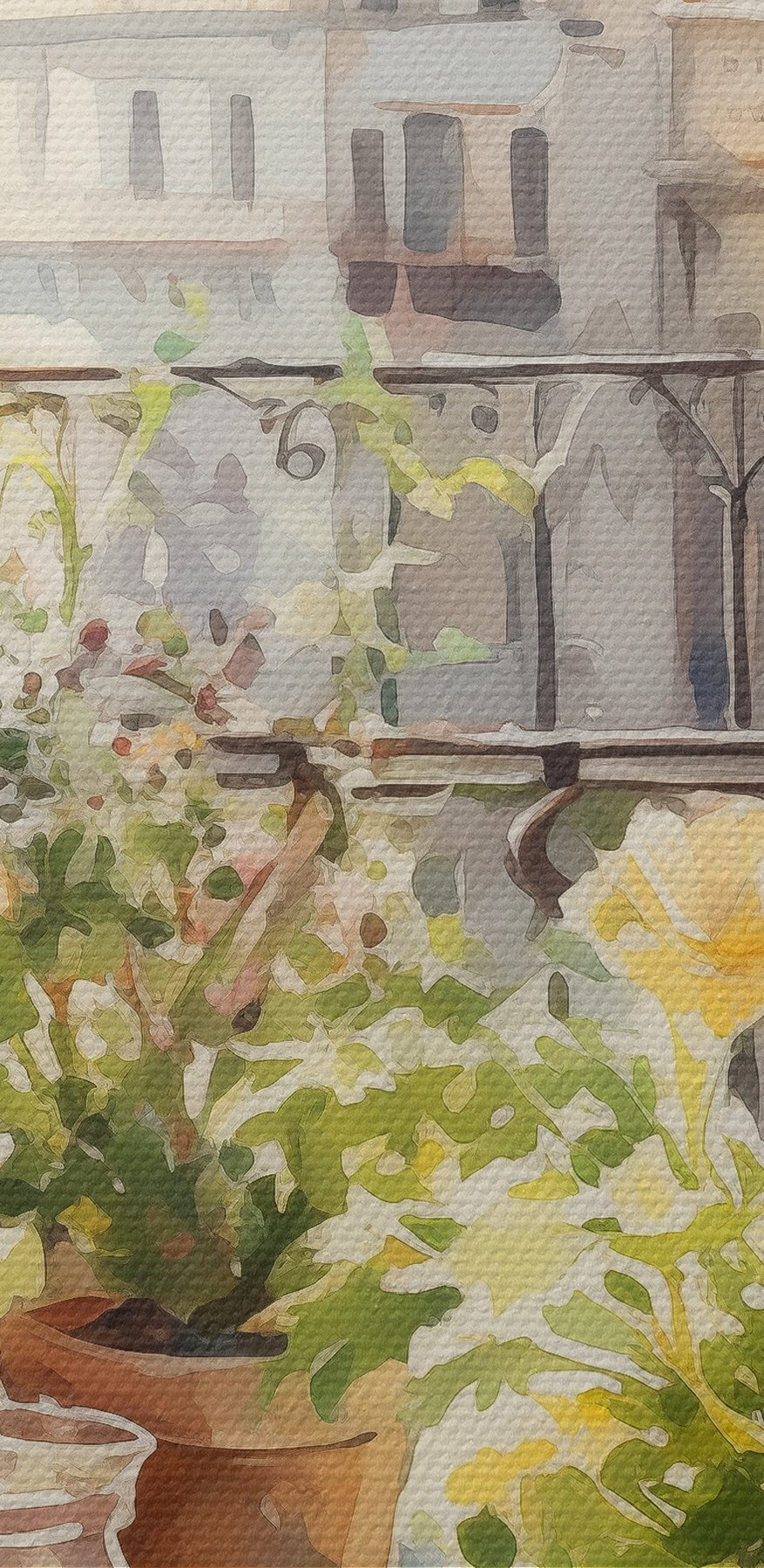 Aquarellmalerei von Blumen und Früchten auf einem Tisch vor einem Fenster