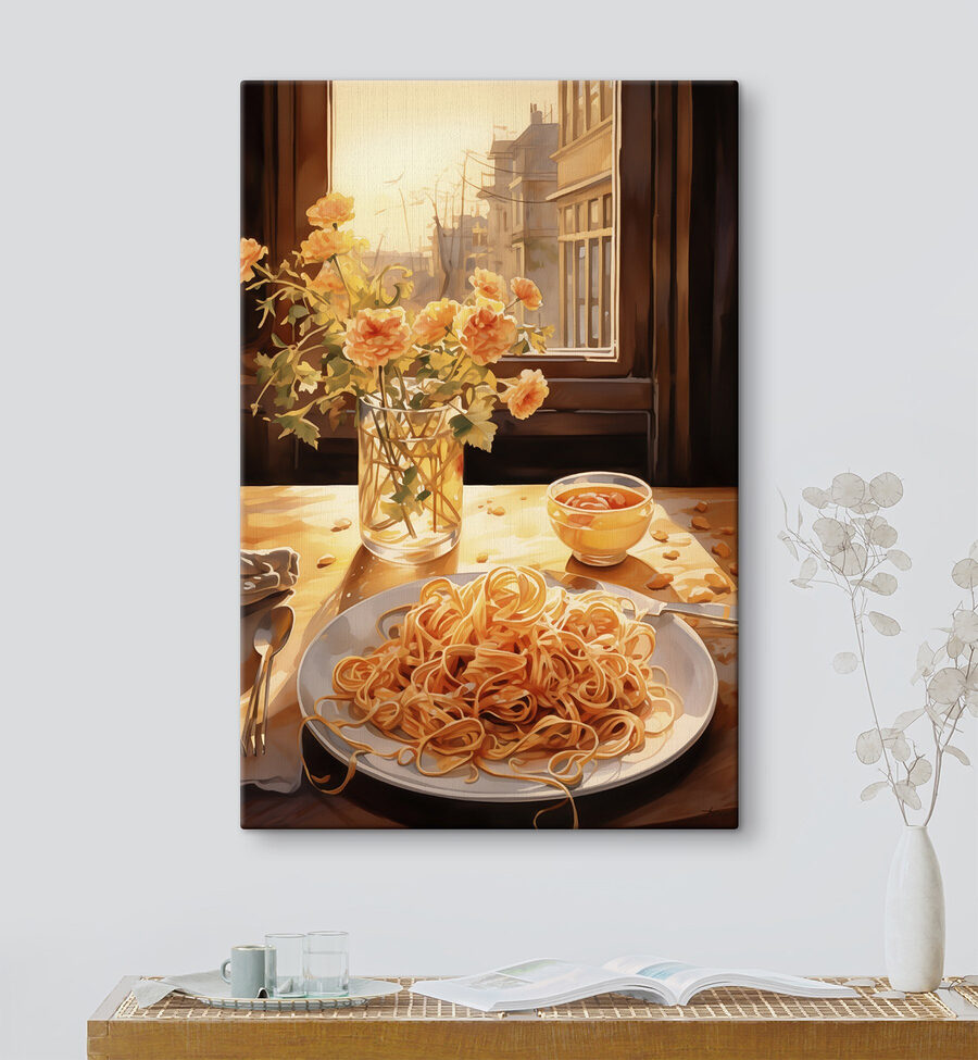 Teller mit Nudeln und eine Vase mit Blumen