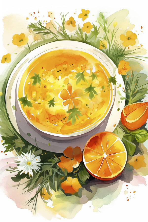 Schale mit Orangensuppe mit Blumen und Blättern Schale mit Orangensuppe mit Blumen und Blättern