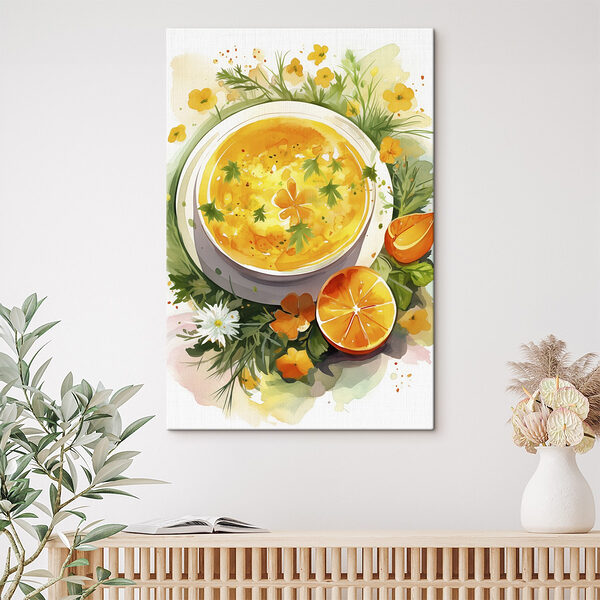 Schale mit Orangensuppe mit Blumen und Blättern Schale mit Orangensuppe mit Blumen und Blättern