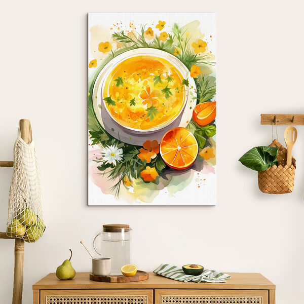 Schale mit Orangensuppe mit Blumen und Blättern Schale mit Orangensuppe mit Blumen und Blättern
