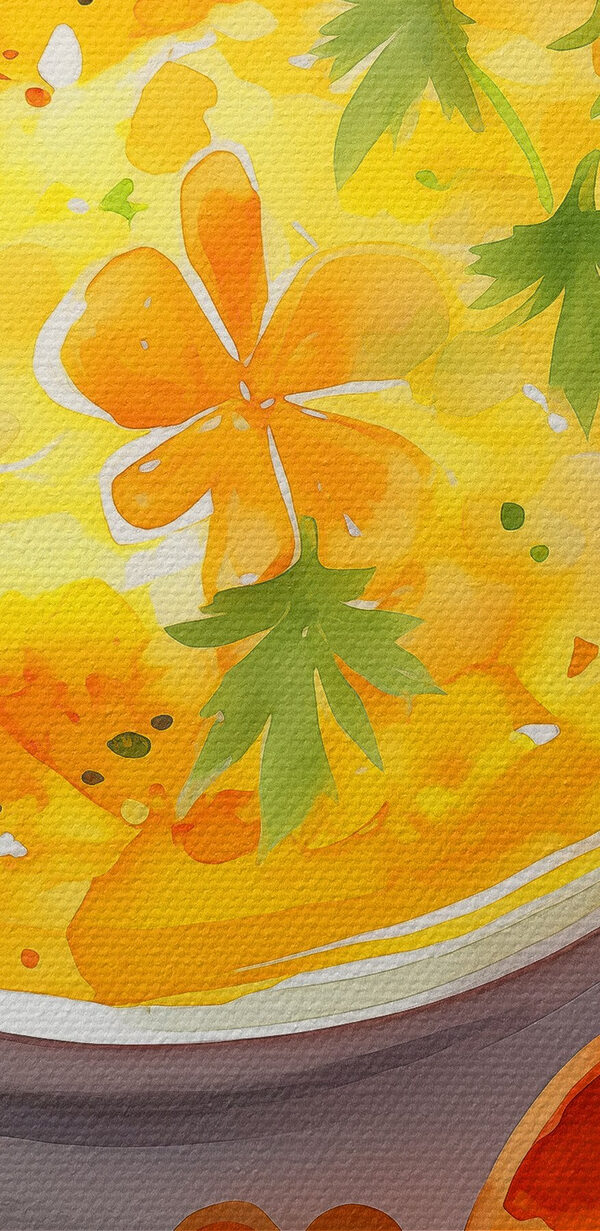 Schale mit Orangensuppe mit Blumen und Blättern Schale mit Orangensuppe mit Blumen und Blättern