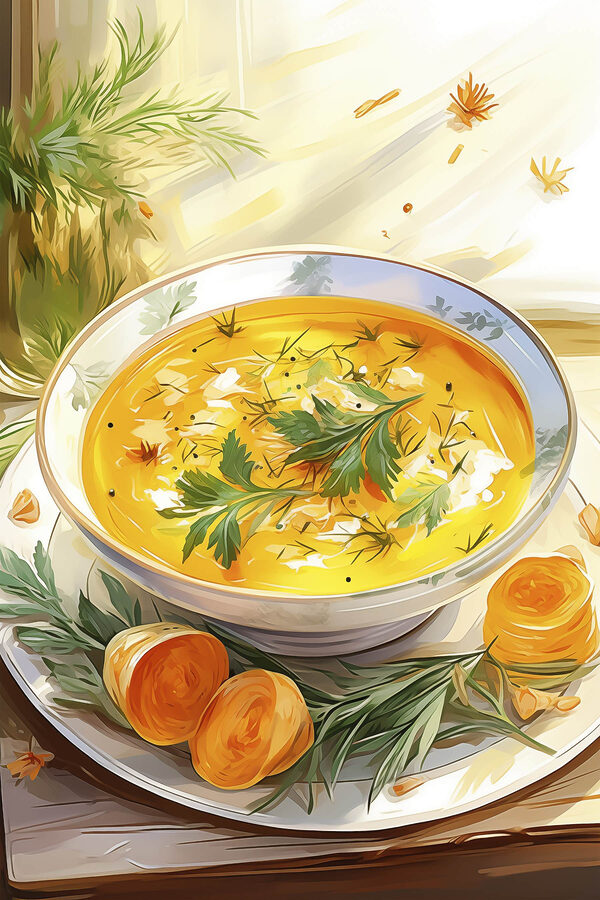 Schale Suppe mit Grünzeug auf einem Teller Schale Suppe mit Grünzeug auf einem Teller