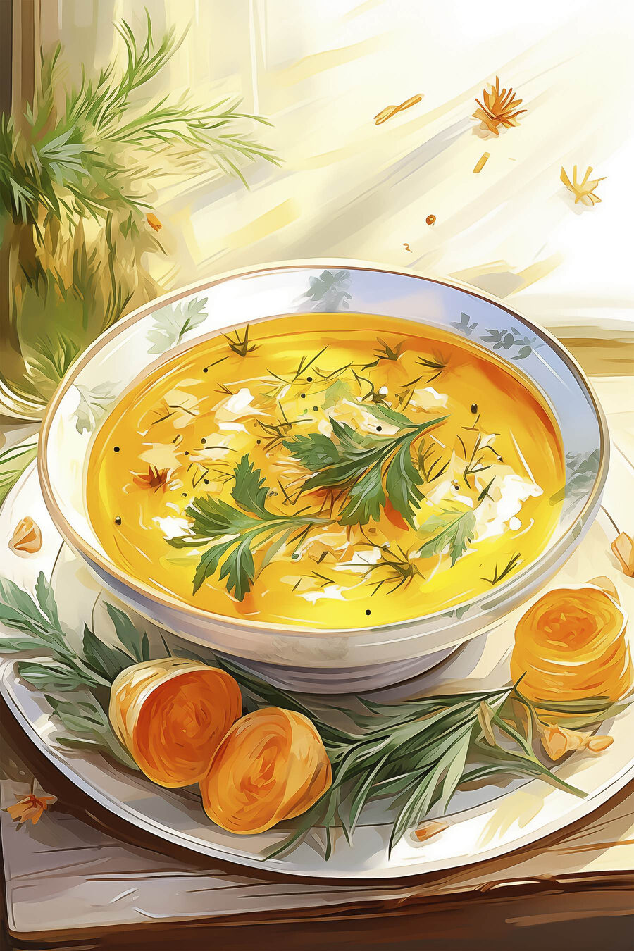 Schale Suppe mit Grünzeug auf einem Teller Schale Suppe mit Grünzeug auf einem Teller
