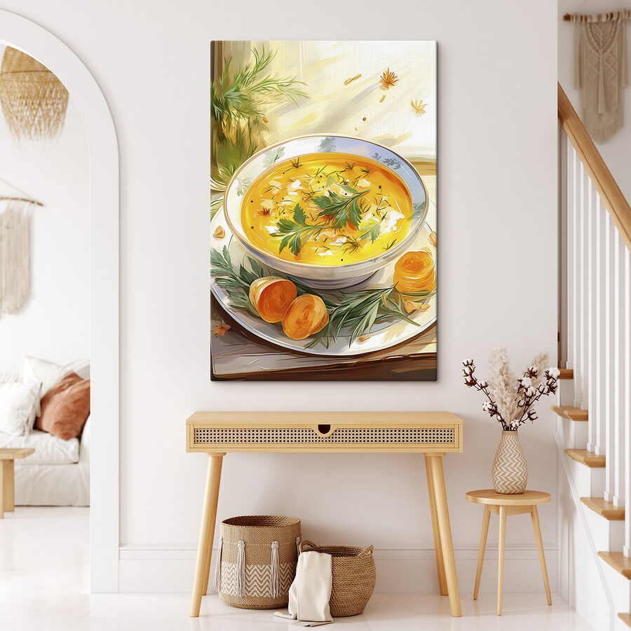 Schale Suppe mit Grünzeug auf einem Teller Schale Suppe mit Grünzeug auf einem Teller