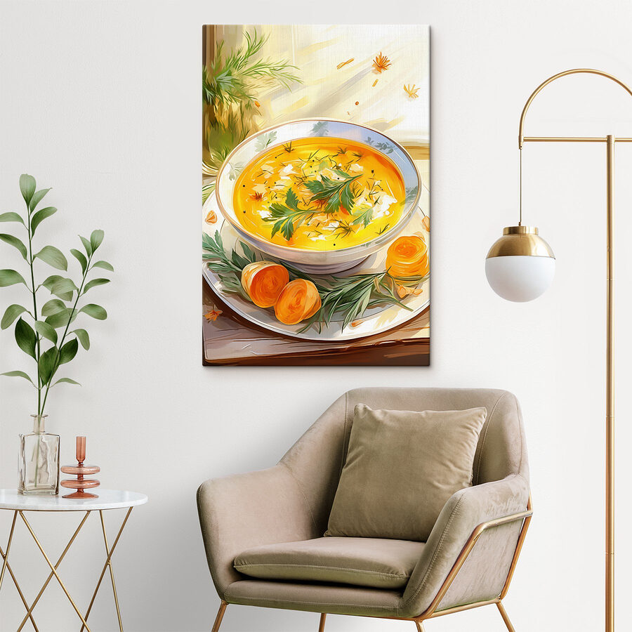 Schale Suppe mit Grünzeug auf einem Teller Schale Suppe mit Grünzeug auf einem Teller