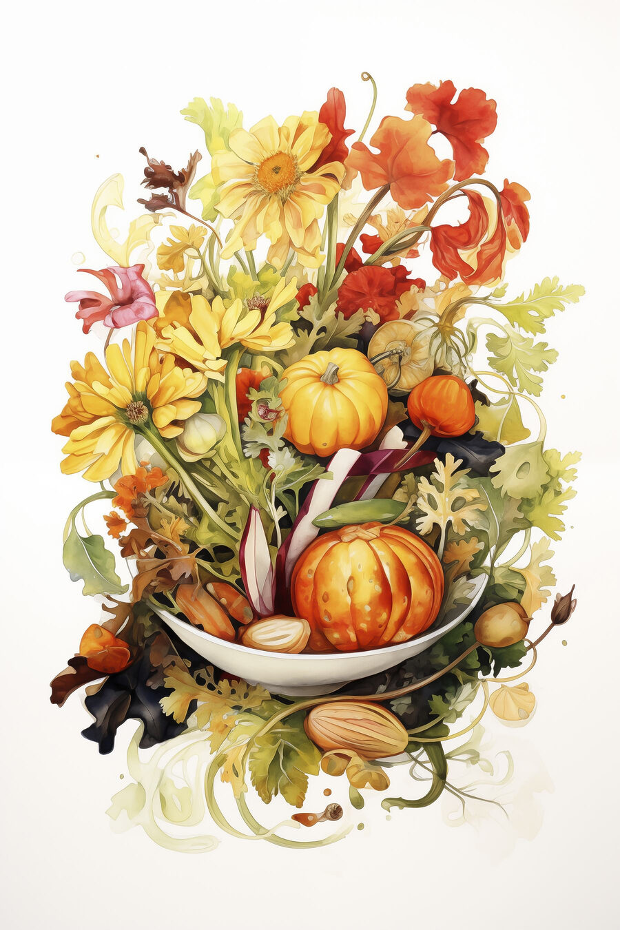 Aquarellmalerei von Gemüse und Blumen