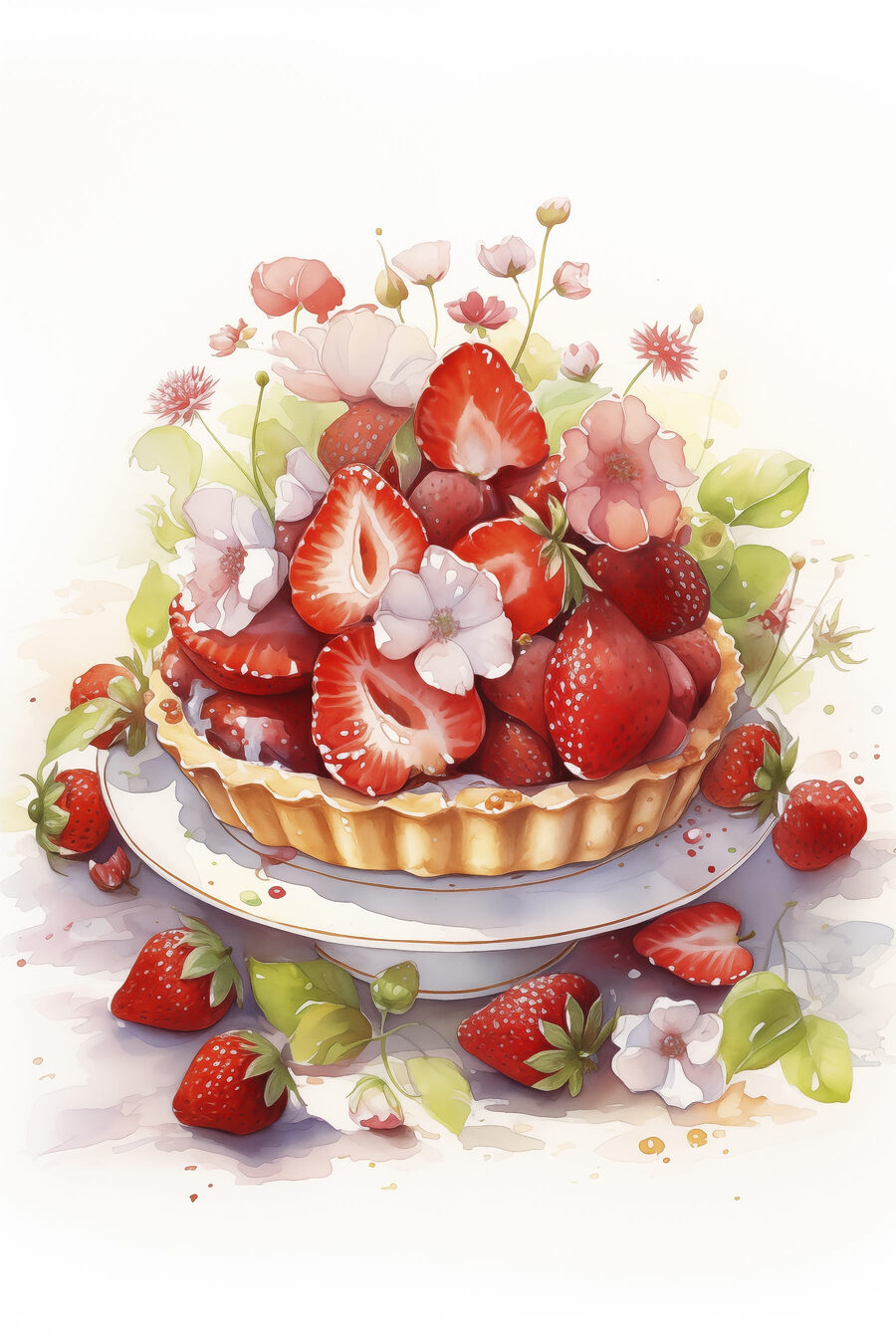 Aquarell einer Torte mit Erdbeeren und Blumen