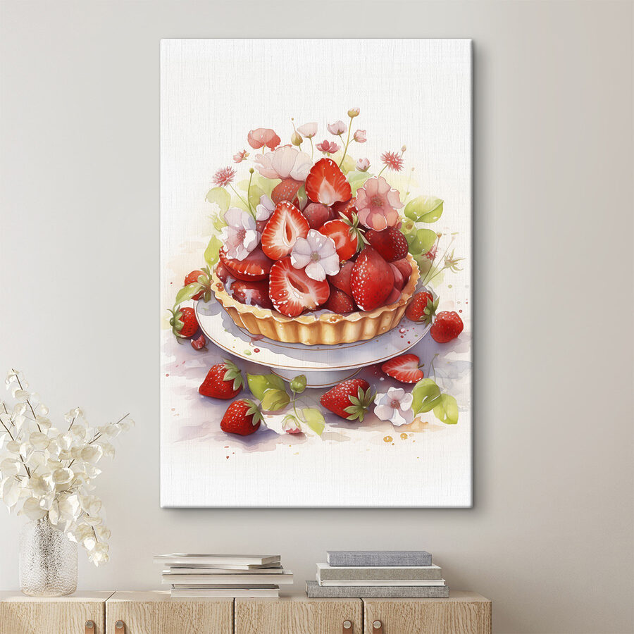 Aquarell einer Torte mit Erdbeeren und Blumen