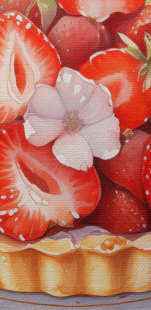Watercolor of a pie with strawberries and flowers Watercolor of a pie with strawberries and flowers