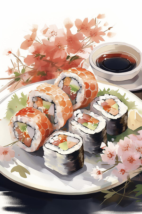 Teller mit Sushi und Soße Teller mit Sushi und Soße