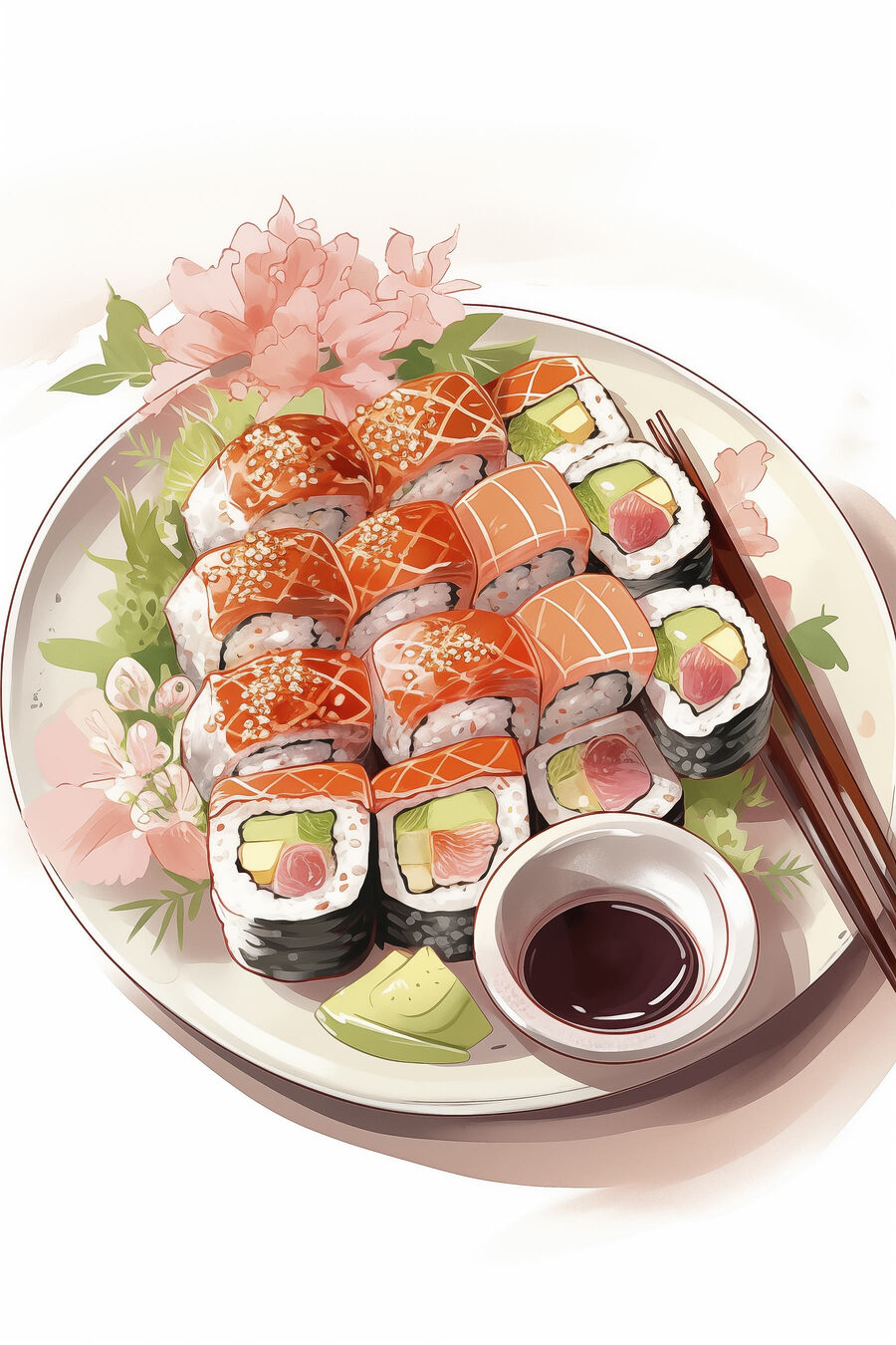 Teller mit Sushi mit Stäbchen