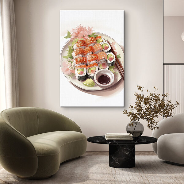 Teller mit Sushi mit Stäbchen Teller mit Sushi mit Stäbchen