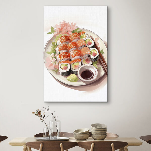 Teller mit Sushi mit Stäbchen Teller mit Sushi mit Stäbchen