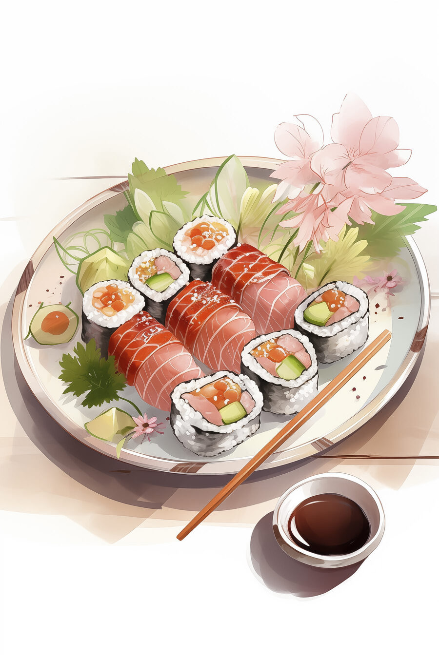 Teller Sushi mit Sauce und Blumen Teller Sushi mit Sauce und Blumen