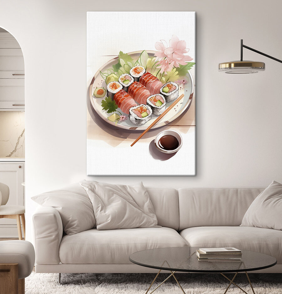 Teller Sushi mit Sauce und Blumen Teller Sushi mit Sauce und Blumen
