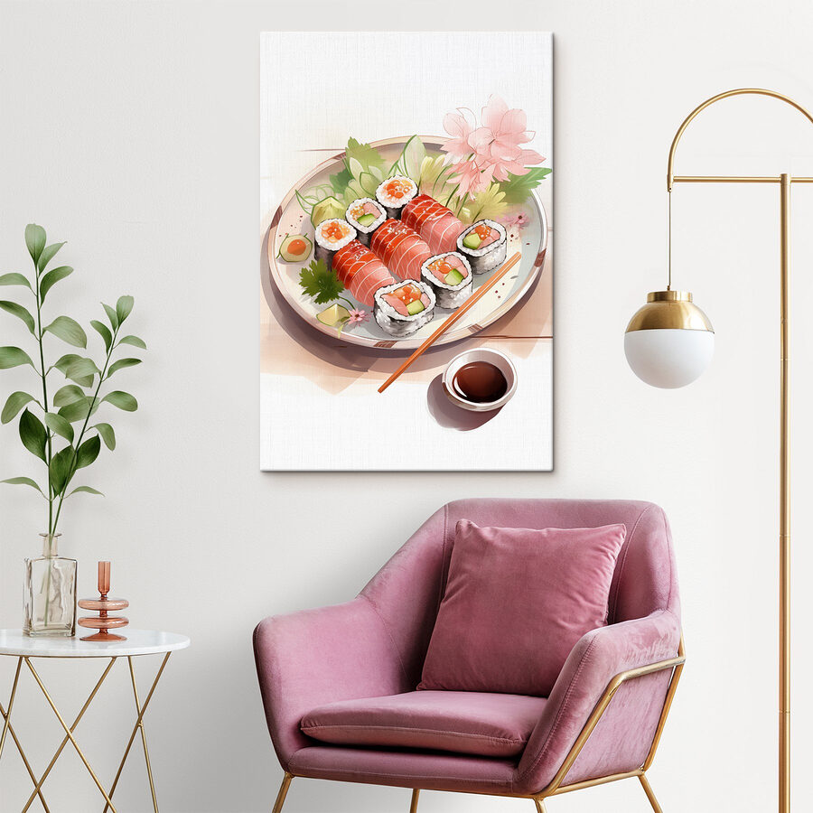Teller Sushi mit Sauce und Blumen Teller Sushi mit Sauce und Blumen