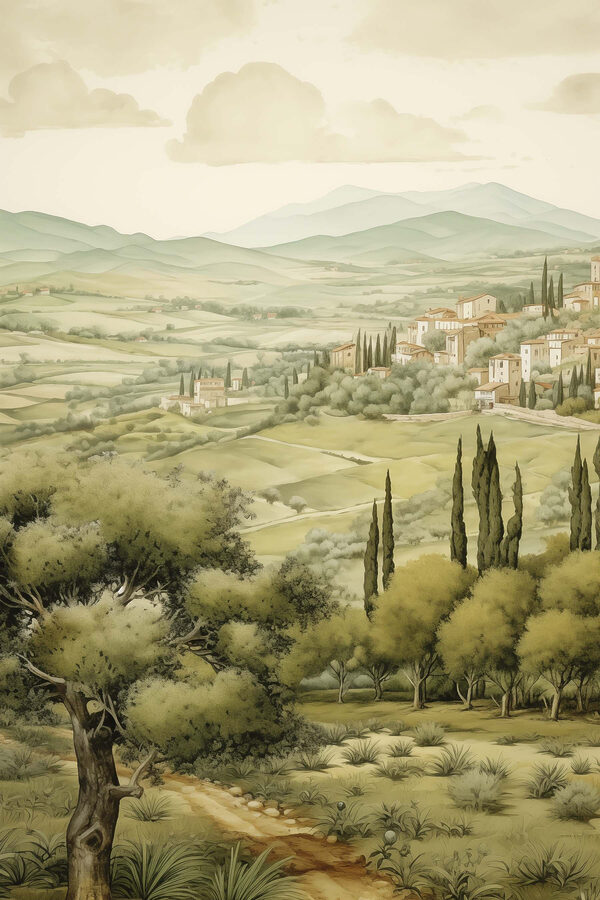 Landschaft mit Bäumen und Gebäuden Landschaft mit Bäumen und Gebäuden