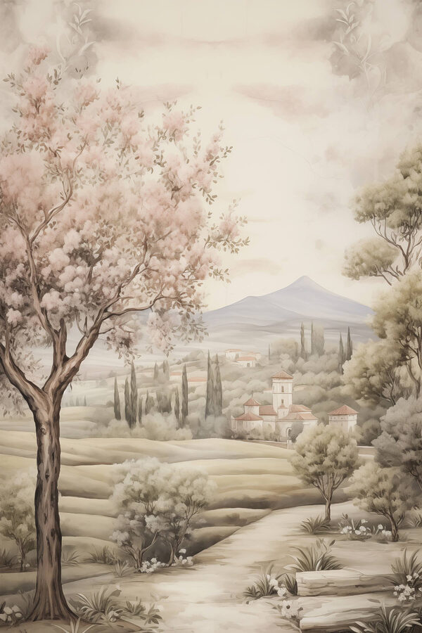 Gemälde einer Landschaft mit Bäumen und einem Gebäude Gemälde einer Landschaft mit Bäumen und einem Gebäude