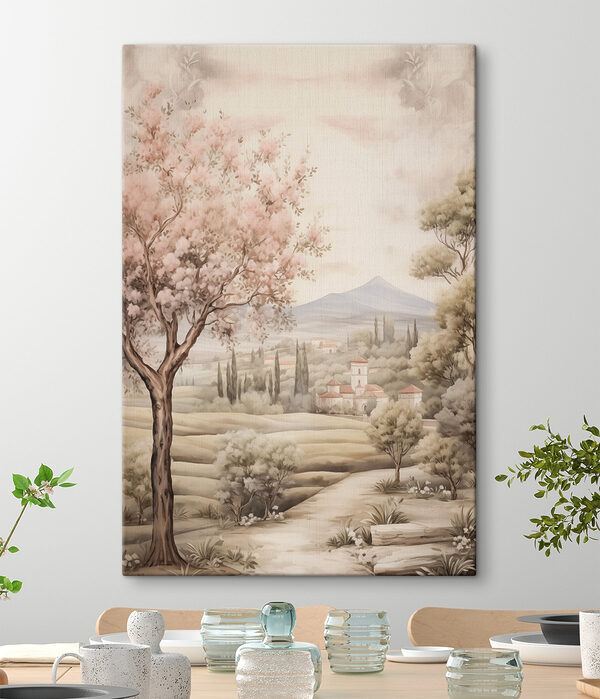 Gemälde einer Landschaft mit Bäumen und einem Gebäude Gemälde einer Landschaft mit Bäumen und einem Gebäude