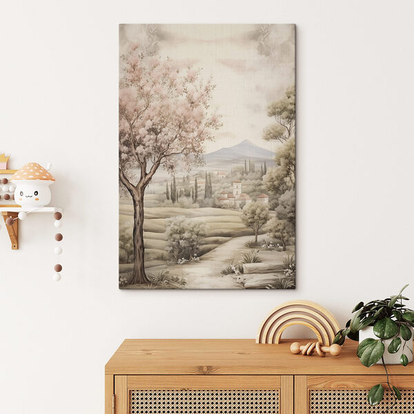 Gemälde einer Landschaft mit Bäumen und einem Gebäude Gemälde einer Landschaft mit Bäumen und einem Gebäude