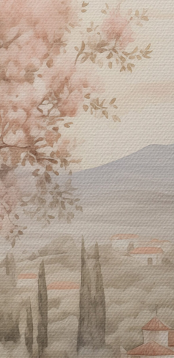Gemälde einer Landschaft mit Bäumen und einem Gebäude Gemälde einer Landschaft mit Bäumen und einem Gebäude