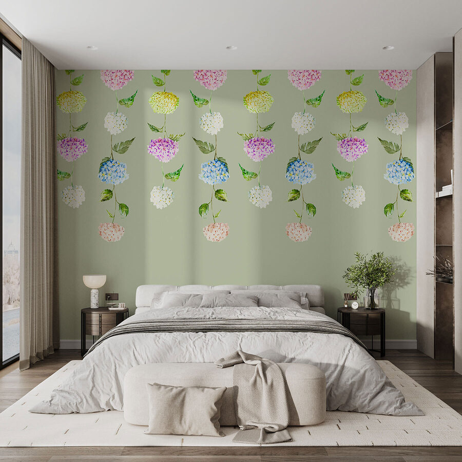 Reihe von Blumen mit grünen Blättern