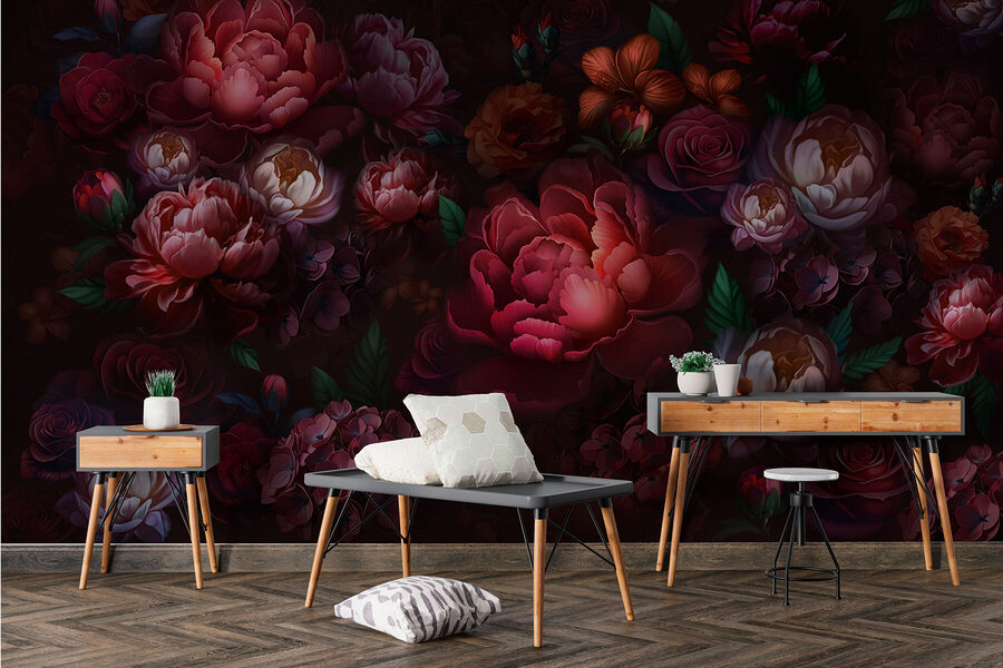 Gruppe von Blumen auf einem dunklen Hintergrund