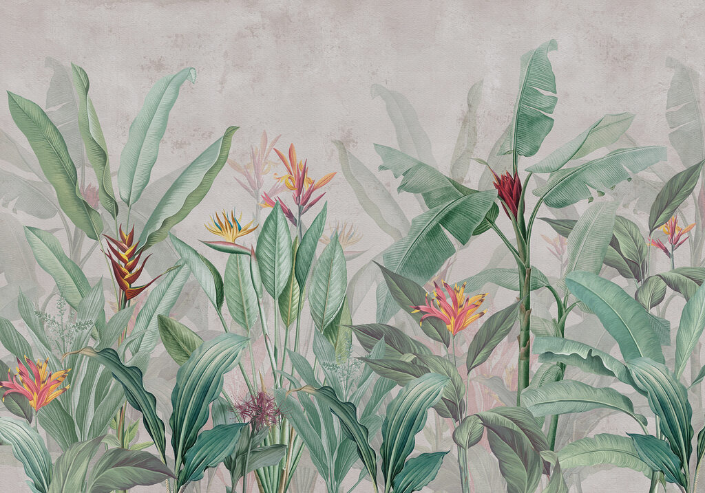Tapete mit einem Muster aus Blumen und Blättern Tapete mit einem Muster aus Blumen und Blättern