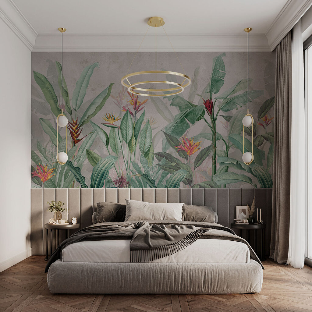 Wallpaper with a pattern of flowers and leaves