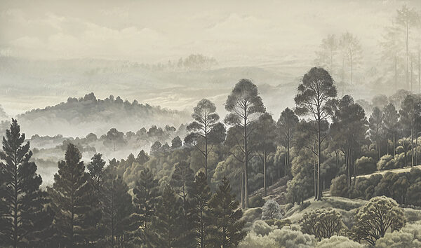 Landschaft mit Bäumen und Nebel Landschaft mit Bäumen und Nebel