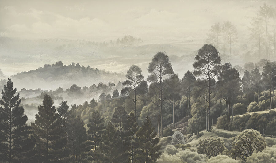 Landschaft mit Bäumen und Nebel