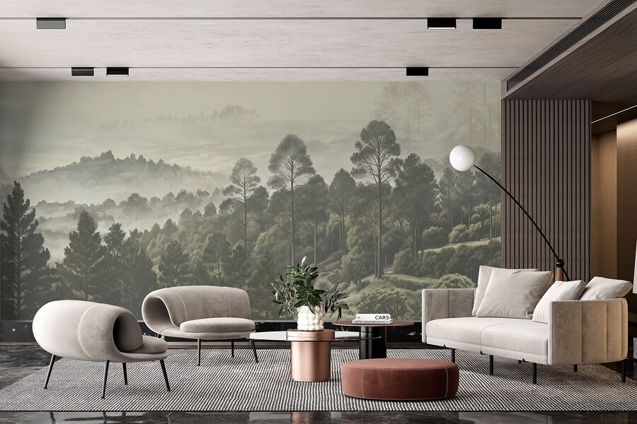 Landschaft mit Bäumen und Nebel