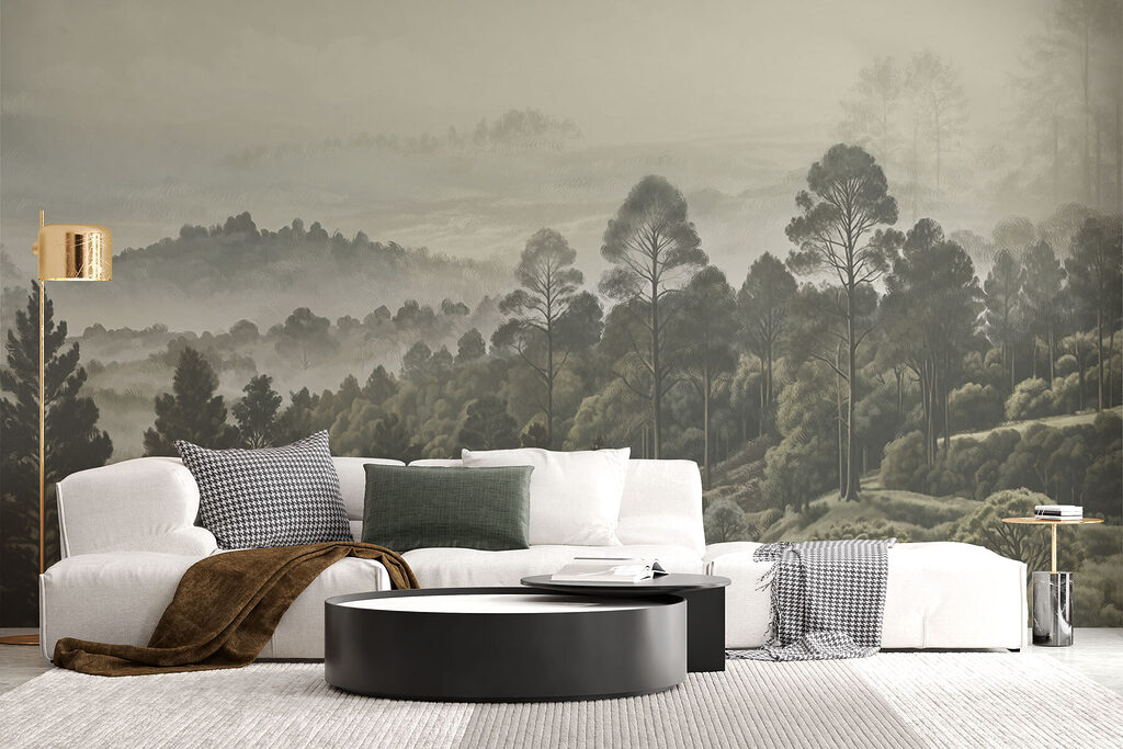 Landscape of trees and fog