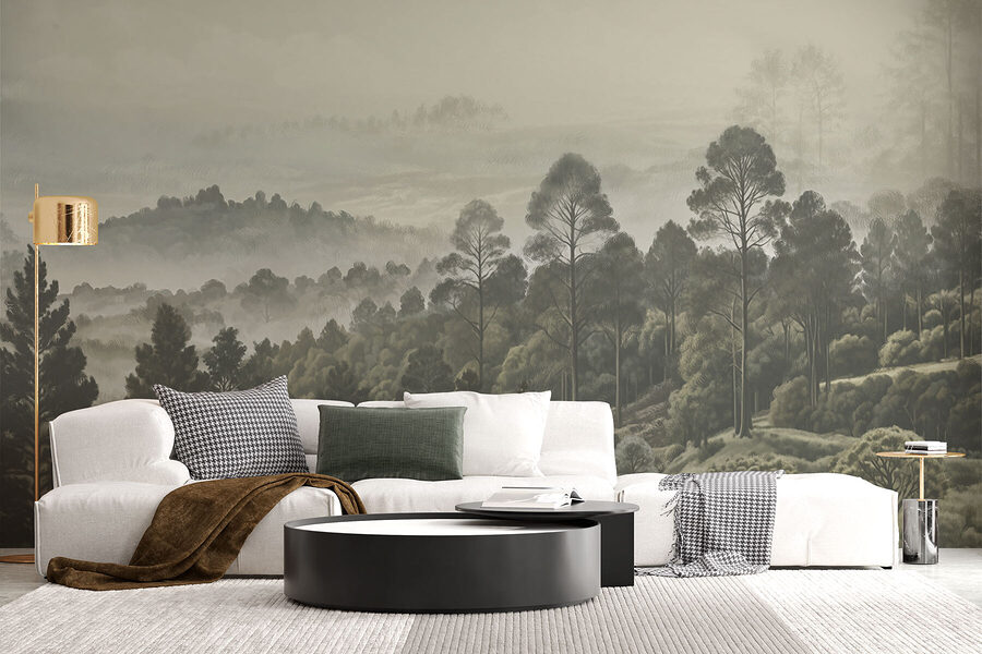Landschaft mit Bäumen und Nebel