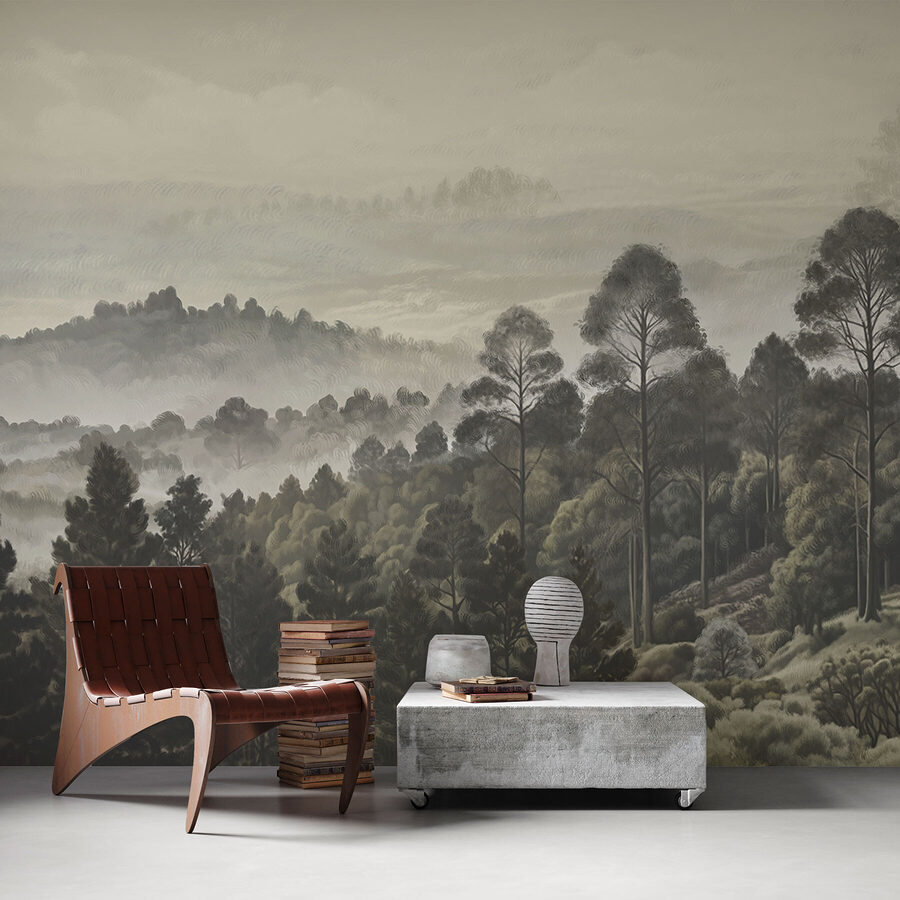 Landschaft mit Bäumen und Nebel