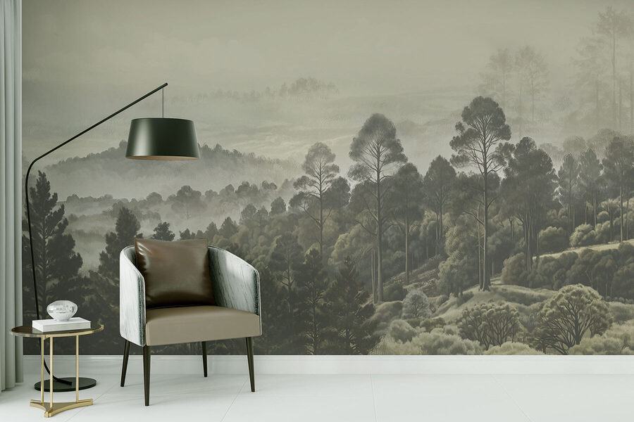 Landschaft mit Bäumen und Nebel