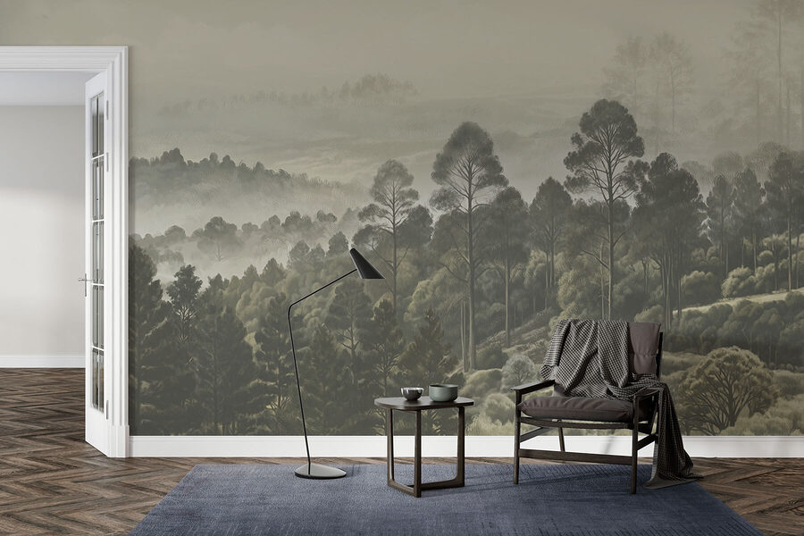Landschaft mit Bäumen und Nebel