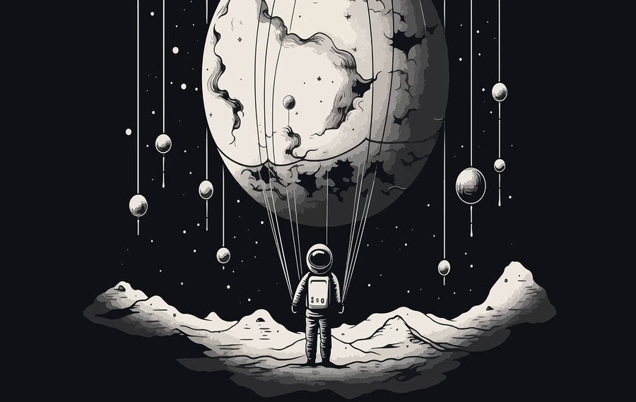 Astronaut im Weltraum mit einem Luftballon am Himmel